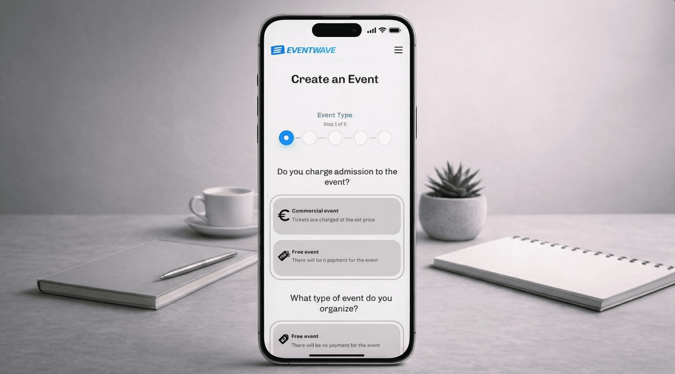 Mockup image of the Eventwave's Create an Event multi-step form on mobile